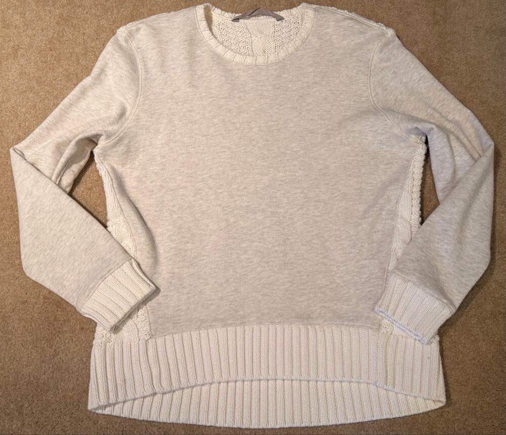 Athleta Cable Knit Mixed Media Sweatshirt SZ S Cream Merino Wool Blend Pullover